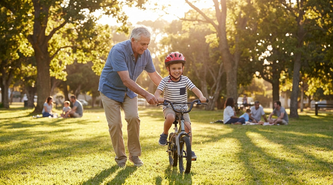 Grandparent teaching child to ride a bike